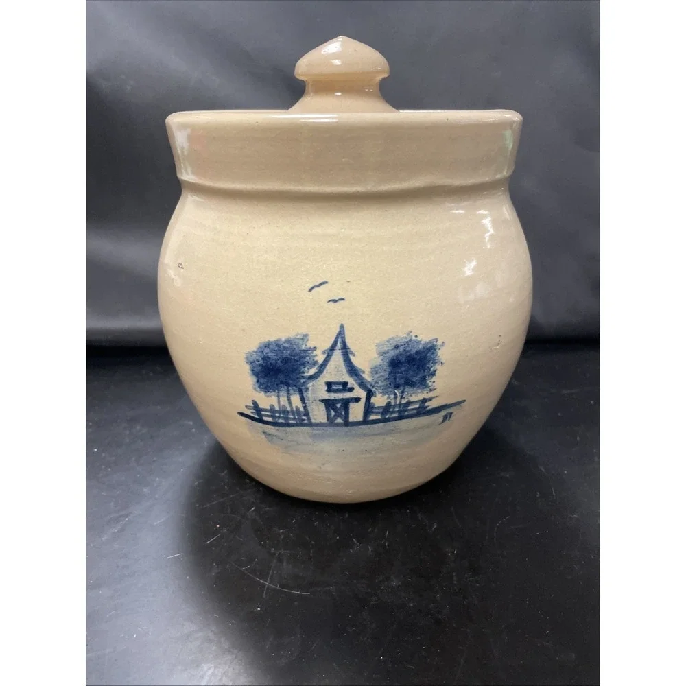 Vintage Paul Storie Pottery Crock w/Lid - Marshall TX-Blue Barn
